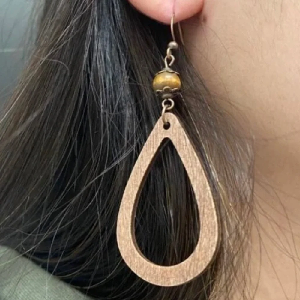 Boho natural Wood and copper hallowed out wooden tear drop water drop earrings